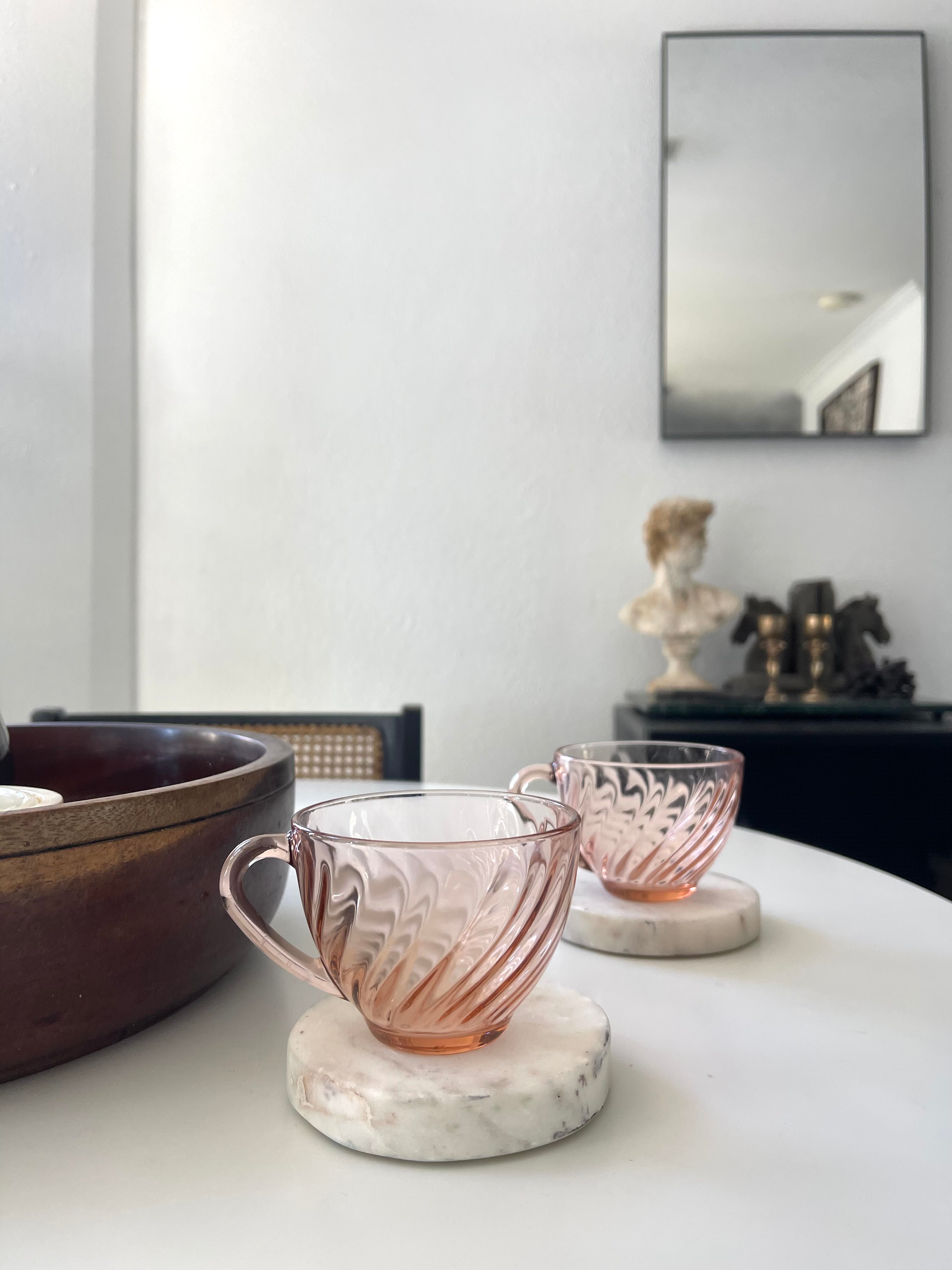Arcoroc pink glass tea cups and saucers