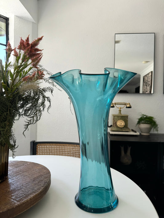 Vintage Blue Ruffled Floor Vase