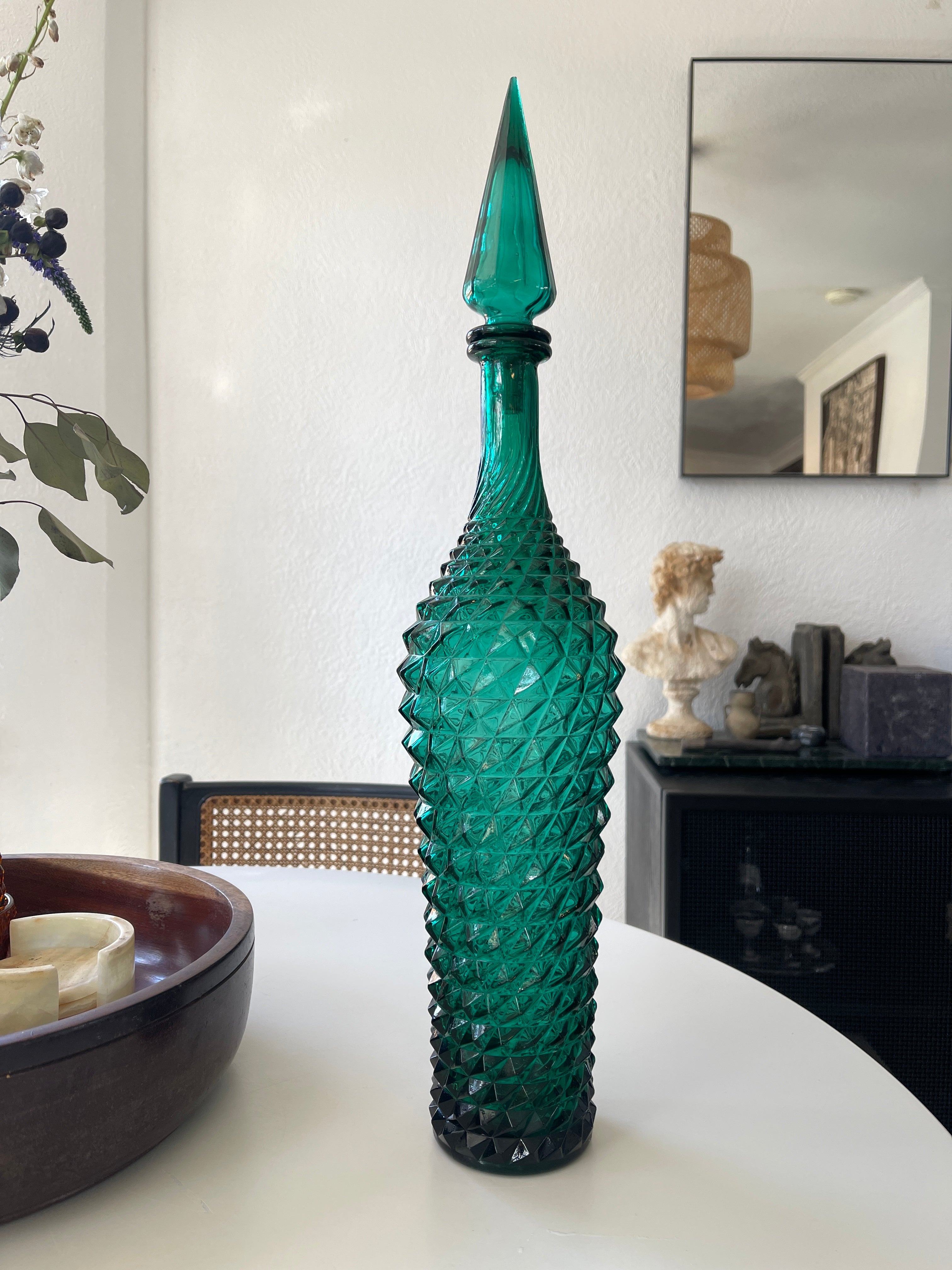Mid Century Italy Empoli Green Genie Bottle Wax Bark Drip Texture Glass  Decanter Vase